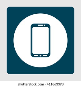 Vector illustration of cellphone sign icon on blue background.