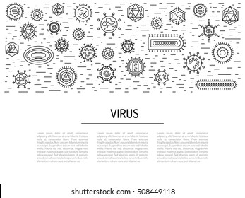 Vector illustration of cells of microorganisms, viruses, DNA and RNA. Cells of different pathogens and viruses drawn in a linear style, are icons of the cells.
