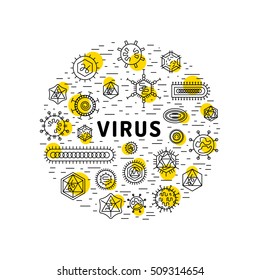 Vector illustration of cells of microorganisms, viruses, DNA and RNA. Cells of different pathogens and viruses drawn in a linear style, are icons of the cells.