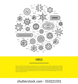 Vector illustration of cells of microorganisms, viruses, DNA and RNA. Cells of different pathogens and viruses drawn in a linear style, are icons of the cells.