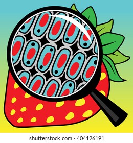 Vector illustration cells of strawberries viewed through a magnifier