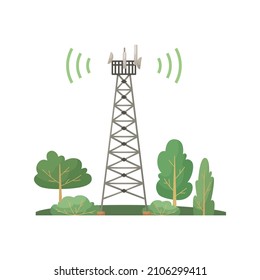 Vector illustration of a cellular communication tower standing in a forest. 5G, 4g signal distribution. The Internet. Modern technologies