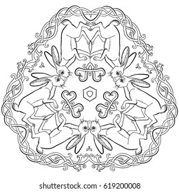 Vector illustration of Celtic hares triangle ornament black and white 