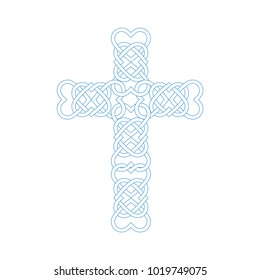 Vector illustration: Celtic knot cross with heart shapes. Gaelic or Celtic medieval style knotwork imitation of Holy Cross isolated.