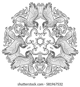 Vector illustration of Celtic ornament with six ravens on white background