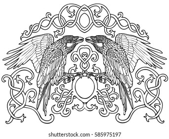 Vector illustration of Celtic ravens pair black and white 