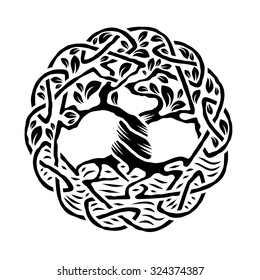 Vector illustration of celtic tree of life, tree Yggdrasil,  black and white version