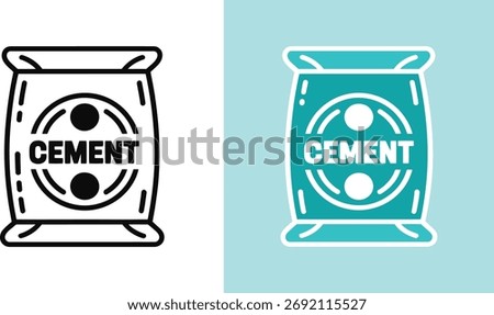Vector illustration of a cement bag icon in minimal style, ideal for construction, building materials, and industrial design themes. This clean and simple illustration shows cement packaging in both