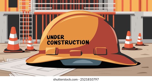 vector illustration of a cement mixer truck pouring concrete into a hole in the ground. The hole is surrounded by wooden planks,
