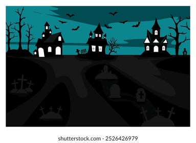 
Ilustración vectorial del fondo de la silueta del cementerio y del castillo en la medianoche con el cielo nocturno claro. conveniente para los fondos, los Anuncios, los anuncios, las decoraciones de la pared, las pantallas de visualización.