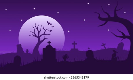 Vektorgrafik des Friedhofs zu Halloween. Friedhofslandschaft zu Halloween-Feiern. Halloween-Landschaft für Hintergrund, Bildschirmhintergrund oder Landeeite. Trick- oder Behandlungsgrafik