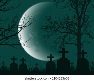 Vector illustration of a cemetery with headstones, dead trees and crescent moon - suitable for Halloween