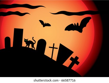 vector illustration of a cemetery in the light of the sun or moon