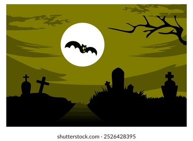 
Ilustración vectorial del fondo de la silueta del cementerio y de la luna llena con el cielo nocturno claro. conveniente para los fondos, los Anuncios, los anuncios, las decoraciones de la pared, las pantallas de visualización.