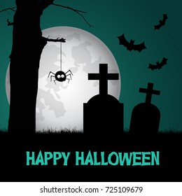Vector illustration of a cemetery with a tree and bats, tombstone and spider under a greenish scary sky with a full moon - Halloween card