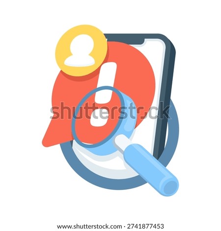 Vector illustration of censored content icon. Chat message warning, adult or inappropriate comments, exclamation mark with magnifying glass, moderation concept.
