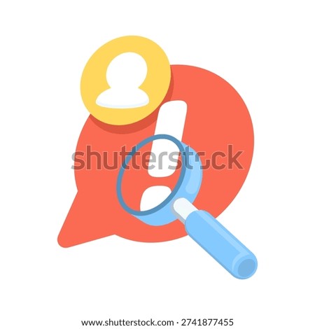 Vector illustration of censored content icon. Chat message warning, adult or inappropriate comments, exclamation mark with magnifying glass, moderation concept.