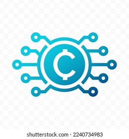 Vector illustration of Cent Centavo digital currency icon in blue color and transparent background (PNG).