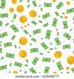 Vector illustration of Cent Centavo money. Random pattern of banknotes and coins in green and gold colors on transparent background (PNG). 