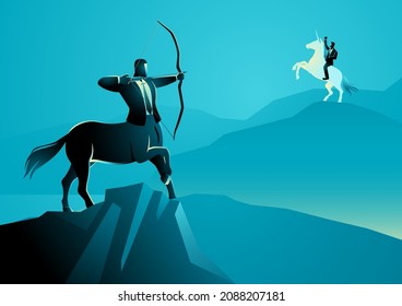 Ilustración vectorial de un empresario de centaur apuntando a un empresario que monta un unicornio, metáfora de empresas más pequeñas que aspiran a convertirse en una empresa más grande