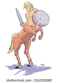 Vector illustration of a centaur with a sword and shield. Design for a character from Greek mythology.