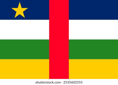 Ilustração vetorial da bandeira da República Centro-Africana com listras azuis, brancas, verdes, amarelas e vermelhas com uma estrela amarela central. Ideal para projetos patrióticos e representações culturais