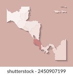Vector illustration with Central America land with borders of states and marked country Costa Rica. Political map in brown colors with regions. Beige background