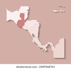 Vector illustration with Central America land with borders of states and marked country Guatemala. Political map in brown colors with regions. Beige background