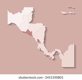 Vector illustration with Central America land with borders of states and marked country El Salvador. Political map in brown colors with regions. Beige background