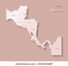 Vector illustration with Central America land with borders of countries and names of states. Political map in brown colors with regions. Beige background