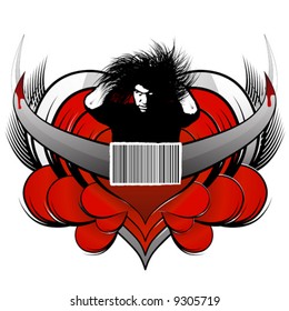Vector illustration of a central dangerous man with white eyes and messy hair, a barcode concept element in the middle and patterned hearts with wings and bloody horns in the back. Customizable.
