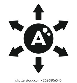 Vector illustration of a central letter a with arrows pointing in different directions, in black and white