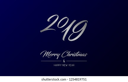 Vector illustration of centred greeting card with silver Merry Christmas and Happy New Year and number 2019 on a dark blue background
