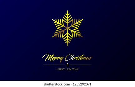 Vector illustration of centred greeting card with golden Merry Christmas and Happy New Year and flake on a dark blue background