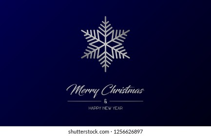Vector illustration of centred greeting card with silver Merry Christmas and Happy New Year and flake on a dark blue background