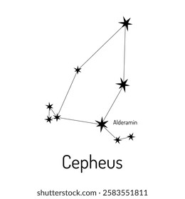 Vector illustration of the Cepheus constellation with labeled star Alderamin. Perfect for astronomy, celestial maps, educational materials, and space-themed designs.