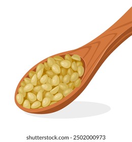 Vector illustration of Cera alba or beeswax granules on a wooden spoon, isolated on white background.