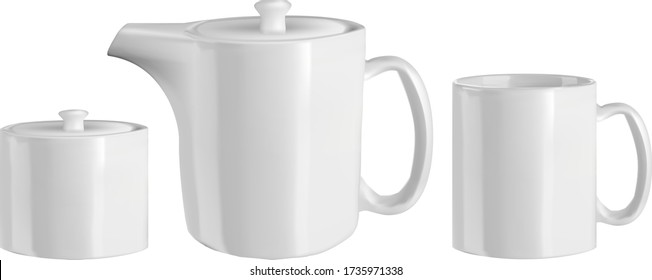 Vector illustration of ceramic dishes. An isolated image of a kettle, cup and container. White tea set.Objects of a direct form.