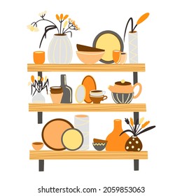 Vector illustration with ceramic kitchenware on the shelves. Ceramic tableware, vases with flowers, plates, cups in the doodle style.
