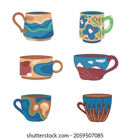 Vector illustration ceramic kithenware. Ceramic handmade cups.