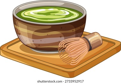 Ilustración vectorial de un tazón de cerámica matcha y batidor de bambú que descansa sobre una bandeja de madera