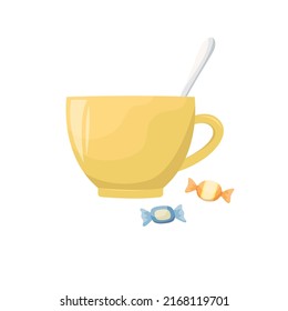 Ilustración vectorial de una taza de cerámica con una cuchara y dulces.