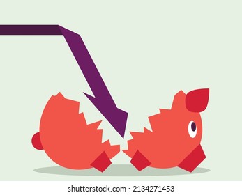 Vector illustration - a ceramic piggy bank broken into two parts and an arrow pointing downwards isolated. Concept - financial crisis and bankruptcy svg