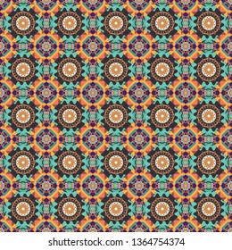 Vector illustration. Ceramic tile with colorful patchwork. Endless can be used for ceramic tile, wallpaper, linoleum, textile. Vintage multicolor seamless pattern in brown, orange and gray colors.