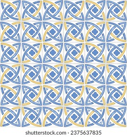 Vector illustration, ceramic tile ornament, blue and yellow colors, circular wave pattern. Vector illustration
