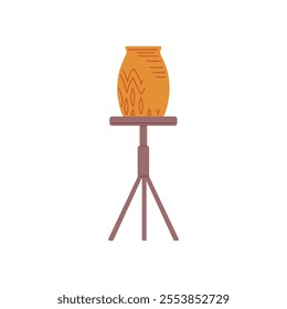 Vector illustration of a ceramic vase standing on a high table. Making clay dishes. Interior equipment for a pottery workshop. Flat cartoon style on an isolated background.