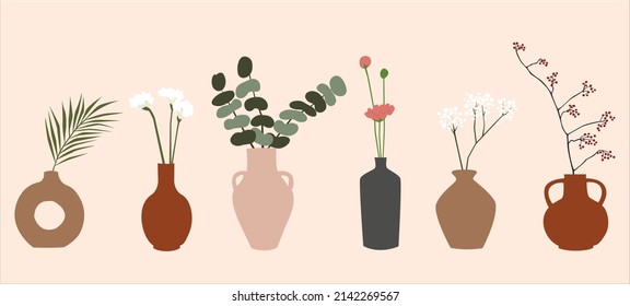 Vector illustration. of ceramic vases, branches and flowers. Trendy potted for home interior. Boho style. 