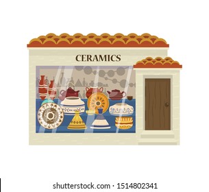 Vector illustration of ceramics shop front. Pottery store showcase. Authentic hand-made crokcery.