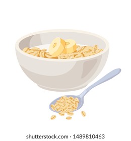 Vector illustration. Cereal bowl with milk and muesli, smoothie isolated on white background. Concept of healthy and wholesome breakfast. fruits