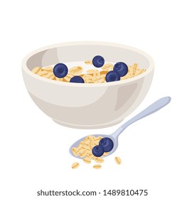 Vector illustration. Cereal bowl with milk and muesli, smoothie isolated on white background. Concept of healthy and wholesome breakfast. fruits